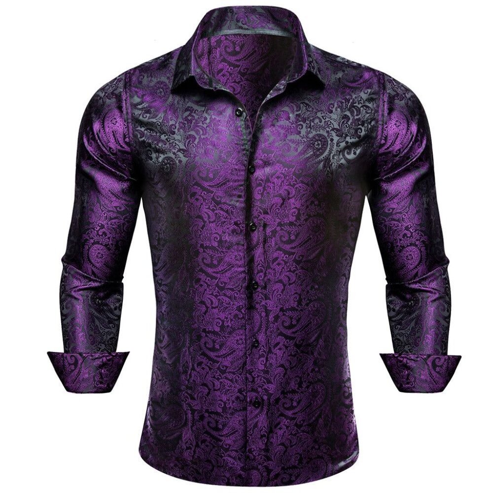 Barry Wang Men's Purple Paisley Silk-Blend Luxury Shirt W/Black Trim